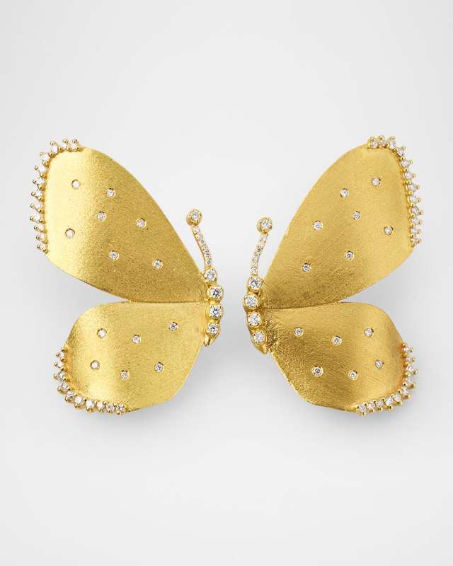 18K Yellow Gold Half-Wing Butterfly Earrings with Scattered Diamonds